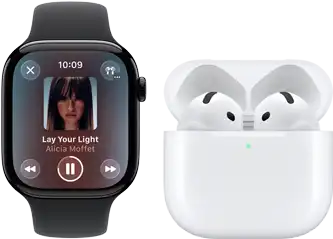 Apple Watch Series 11, boîtier en titane ardoise, bracelet : sport noir, app Musique ouverte, jumelée avec des AirPods 4