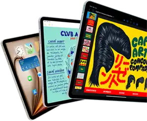 Trois iPad Air montrant iPadOS et des fonctionnalités d’apps