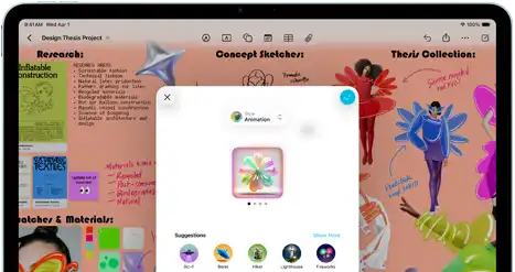 iPad Air, front exterior, landscape orientation, volume-up button, volume-down button, power button, screen displays a colourful app interface with various icons