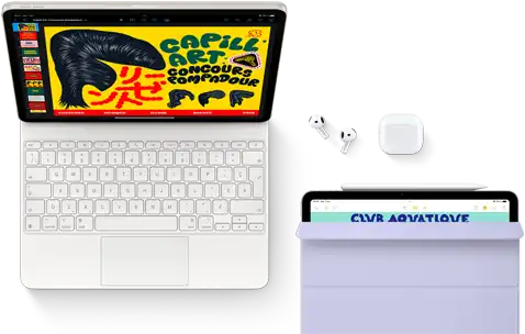 iPad Air fixé au Magic Keyboard, avec des AirPods Pro, un Apple Pencil Pro et un Smart Folio posés à côté