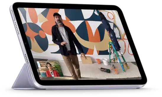 iPad mini shown in landscape view attached to Smart Folio in a viewing position. The display is showing a FaceTime call with Center Stage