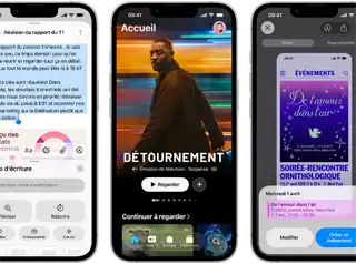iPhone dix-sept-e côte à côte affichant différents écrans : un jeu en cours, les uutils d’écriture, l’app Apple TV, la création d’un événement dans Calendrier et la création d’un Genmoji
