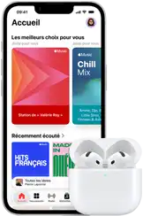 iPhone dix-sept-e, face avant, &eacute;cran d&rsquo;accueil avec l&rsquo;app Musique ouverte, &agrave; c&ocirc;t&eacute; d&rsquo;AirPods Pro 3 dans un &eacute;tui de recharge MagSafe ouvert