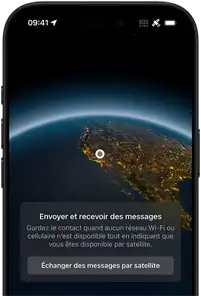 Illustration de la localisation GPS et de la fonctionnalité de messages par satellite sur iPhone 16 Pro