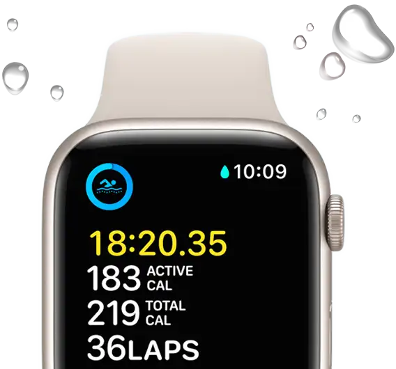 Apple Watch SE displaying a swim workout screen with water droplets framing the device.