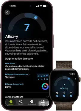 Un iPhone 18 Pro, noir, face avant, affichant un score de préparation de 7, jumelé à une Apple Watch, face avant, brune, qui affiche le même score de préparation de 7