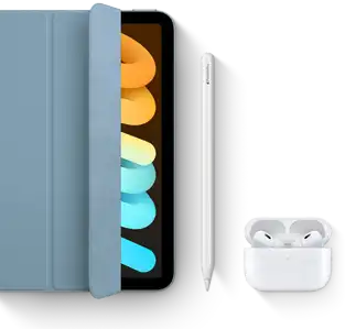 iPad mini is shown in use with Smart Folio, Apple Pencil Pro and AirPods Pro