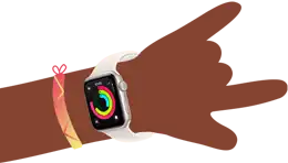 Illustration caricaturale de poignets d’enfants portant une Apple Watch SE 3 affichant l’app Activité