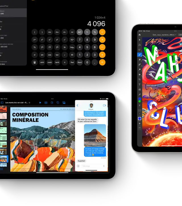 Trois iPad mini montrant iPadOS et des fonctionnalités d’apps