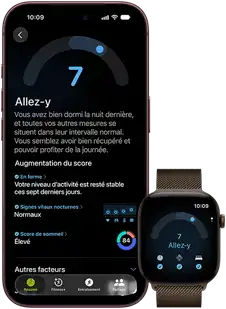 Un iPhone 18 Pro, noir, face avant, affichant un score de préparation de 7, jumelé à une Apple Watch, face avant, brune, qui affiche le même score de préparation de 7