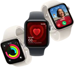 Trois Apple Watch SE 3 flottent côte à côte