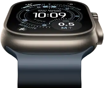 Apple Watch Ultra 3 tilted forward, natural titanium case, compass on Orienteering watch face, anchor blue Ocean Band