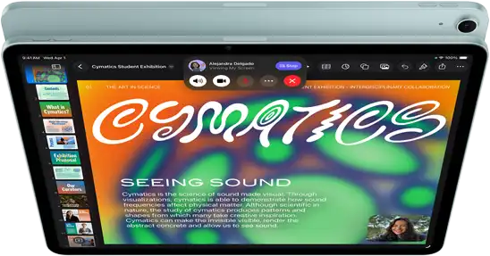 iPad Air, Blue colour, top exterior, screen showing Keynote app on screen sharing feature during FaceTime video call, back exterior, 12MP Wide back camera, volume-up button, volume-down button
