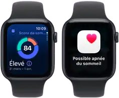 Deux Apple Watch SE 3 avec boîtiers en aluminium minuit affichent respectivement sur leur écran le score de sommeil et une alerte Possible apnée du sommeil