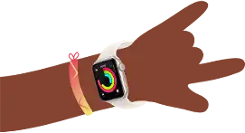 Cartoon illustration of kid's wrist wearing Apple Watch SE 3 with the Activity app open on the screen