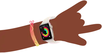 Illustration caricaturale de poignets d’enfants portant une Apple Watch SE 3 affichant l’app Activité