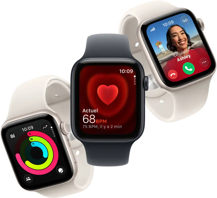 Trois Apple Watch SE 3 flottent côte à côte