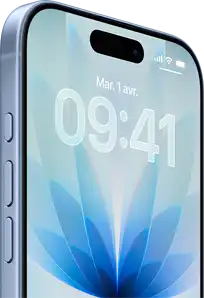 iPhone 17, face avant, bleu aube, Dynamic Island au centre, boutons : boutons Action, et de volume