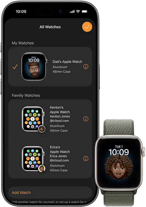 A kid's Apple Watch next to Dad's iPhone, which displays all the family watches he's connected to