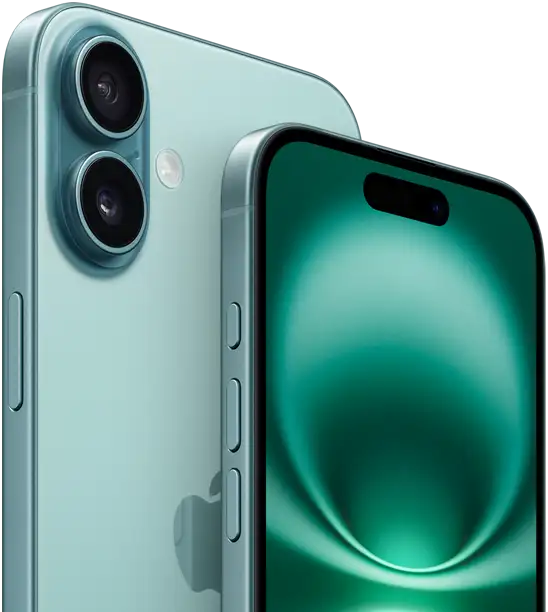 iPhone 16 Plus and iPhone 16, Action button, volume buttons, Side button and Camera Control, front exterior all-screen design, Dynamic Island centered near top, back exterior, Teal finish, raised Advanced dual-camera system in top left corner, Apple logo in centre