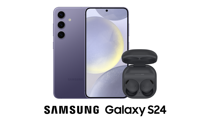 Back and front view of Samsung Galaxy S24 in Cobalt Violet next to a pair of Galaxy Buds2 Pro with its charging case.