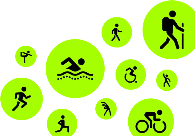 Icônes représentant des exercices, des personnages allumette animés courent, marchent, nagent, utilisent un fauteuil roulant, font de la randonnée, du vélo, des fentes et du yoga, dansent et s’étirent