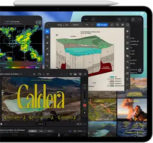 iPad Pro, face avant, orientation paysage, noir infini, Apple Pencil fixé sur le dessus de l’appareil, écran montrant de nombreuses fenêtres d’apps superposées, dont Final Cut Pro qui affiche de multiples fonctionnalités de montage vidéo ainsi que la chronologie, Plans, Notes et divers contenus multimédias