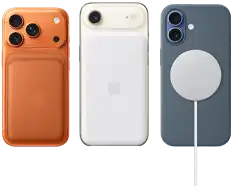 iPhone 17 Pro, back exterior, Cosmic Orange colour, FineWoven Wallet with MagSafe in Fox Orange colour; iPhone Air, back exterior, Light Gold colour, with Magsafe Battery; iPhone 17, back exterior, Mist Blue colour, with Silicone Case in Anchor Blue colour and MagSafe Charger