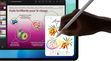 iPad Pro, écran sur la face avant arborant un arrière-plan dégradé bleu foncé et vert avec plusieurs apps en cours d’exécution, main tenant un Apple Pencil Pro qui entoure un croquis afin de montrer la fonctionnalité Apple Intelligence de baguette graphique