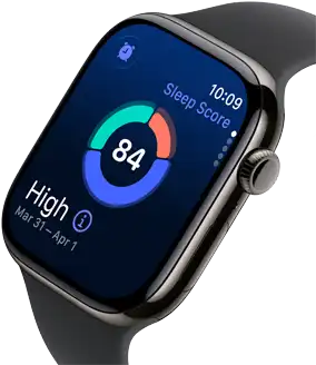Up close Apple Watch Series 11 with a titanium slate case, showing sleep score on screen