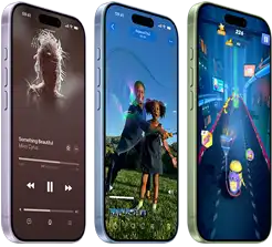 Des iPhone 17, face avant, côté, montrant Apple Music, l’intelligence visuelle et un jeu; bouton Action et boutons de volume