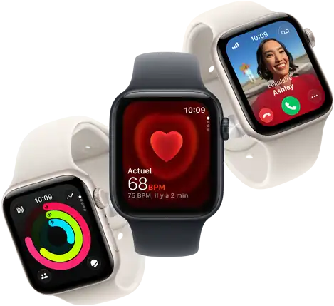 Trois Apple Watch SE 3 flottent côte à côte