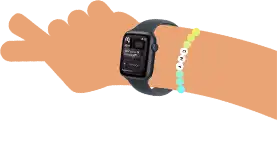 Cartoon illustration of kid's wrist wearing Apple Watch SE 3 with the Messages app open on the screen