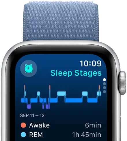 Sleep app screen displaying Sleep stages, minutes awake and minutes in REM sleep.
