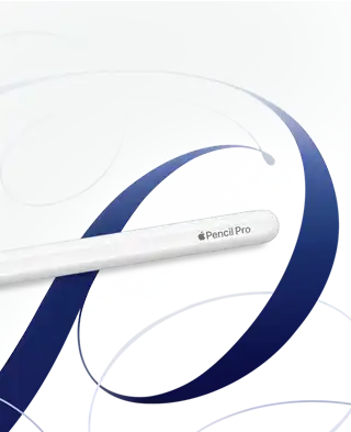 Apple Pencil Pro, white, shown on a white background with blue swirls