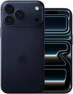 Side by side, iPhone 17 Pro Max, back exterior, Pro camera system, 3 lenses, microphone, flash, Deep Blue finish, iPhone 17 Pro, front exterior all screen design, Deep Blue finish