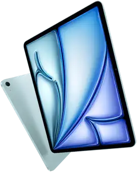 Front angle of 13-inch iPad Air, colourful display on screen, 11-inch iPad Air with back exterior and 12MP Wide back camera