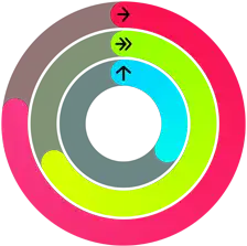 Anneaux d’activité rouge, vert et bleu, représentant les objectifs Bouger, M’entraîner et Me lever dans l’app Activité