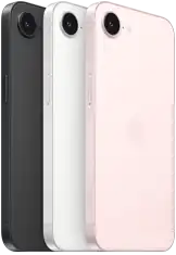 iPhone dix-sept-e, vue lat&eacute;rale et arri&egrave;re, noir, vue lat&eacute;rale et arri&egrave;re, blanc, vue lat&eacute;rale et arri&egrave;re, rose p&acirc;le, cam&eacute;ra Fusion dans la partie sup&eacute;rieure, bouton lat&eacute;ral