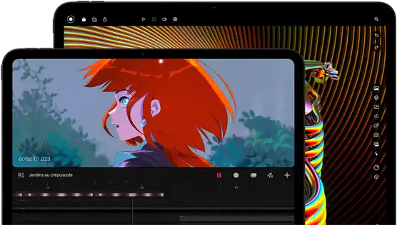 iPad Pro 13 pouces et iPad Pro 11 pouces, face avant, orientation paysage, noir infini, coins arrondis, bordure d’écran noire, l’écran de 11 pouces montrant l’image colorée d’une personne avec des cheveux rouges, l’écran de 13 pouces montrant une photo colorée avec des éléments d’interface d’un outil de retouche