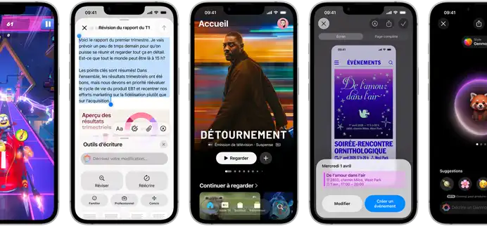 iPhone dix-sept-e côte à côte affichant différents écrans : un jeu en cours, les outils d’écriture, l’app Apple TV, la création d’un événement dans Calendrier et la création d’un Genmoji