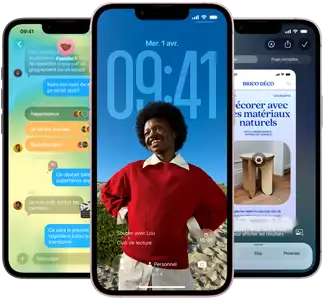 Trois iPhone dix-sept-e, montrant l’app Messages avec le design en Liquid Glass, l’écran verrouillé dynamique et l’intelligence visuelle en cours d’utilisation