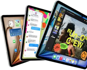 Three iPad Air displays in fan-like arrangement, colours: Blue, Purple, Starlight, front exterior, side exterior, apps on screen display include Keynote app, Messages and Home Screen