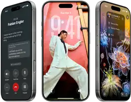 3 iPhone 17 Pro models, front exterior, side by side, demonstrating iOS 26, liquid glass affect and Apple Intelligence feature