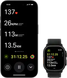 Live Activity showing a person's biking metrics on both their Ultra 2 and their iPhone