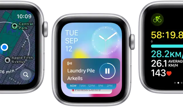 Front view of Apple Watch SE screens displaying various updated app screens.