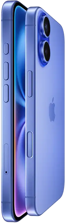 Deux iPhone 16 bleu outremer disposés face à face, vue latérale, boutons de volume, bouton Action, bouton latéral, commande de la caméra, logo Apple au centre, système avancé à deux caméras surélevé