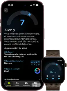 Un iPhone 18 Pro, noir, face avant, affichant un score de préparation de 7, jumelé à une Apple Watch, face avant, brune, qui affiche le même score de préparation de 7