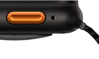 Apple Watch Ultra 3, black colour, titanium case, convex sensor on back, left side exterior, Action button, siren