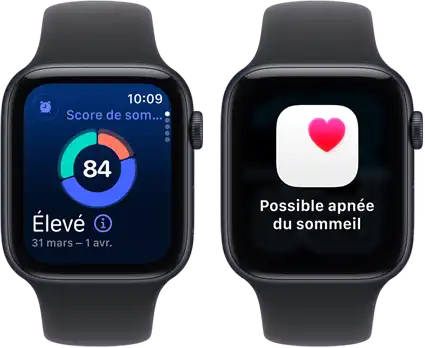 Deux Apple Watch SE 3 avec boîtiers en aluminium minuit affichent respectivement sur leur écran le score de sommeil et une alerte Possible apnée du sommeil